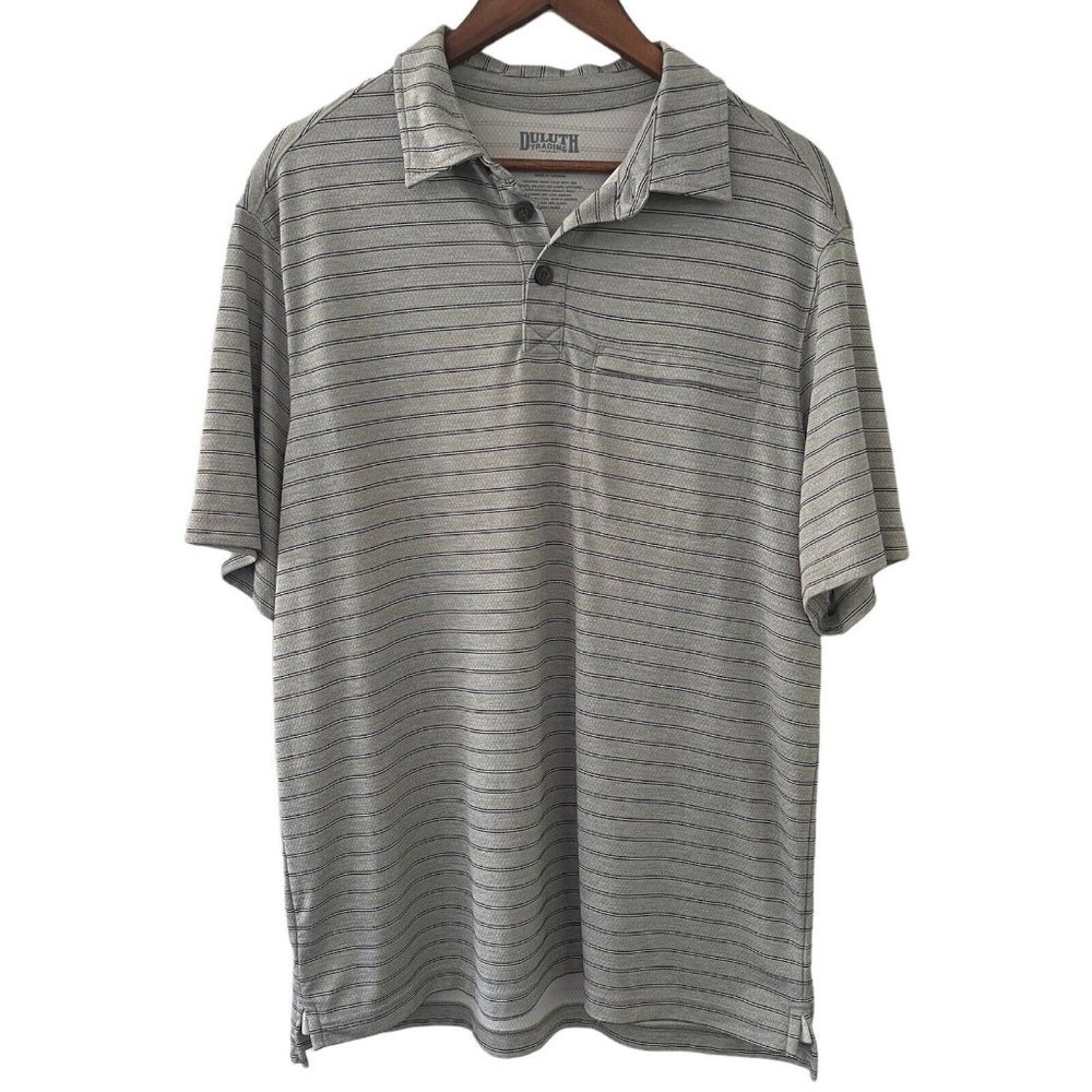 Duluth Trading Polo Shirt Mens Medium Gray Short Sleeve Relaxed Fit Zip Pocket